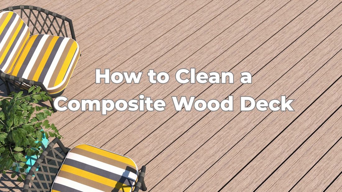 Top-down view of a clean composite wood deck with striped outdoor chairs and greenery, featuring the text ‘How to Clean a Composite Wood Deck.