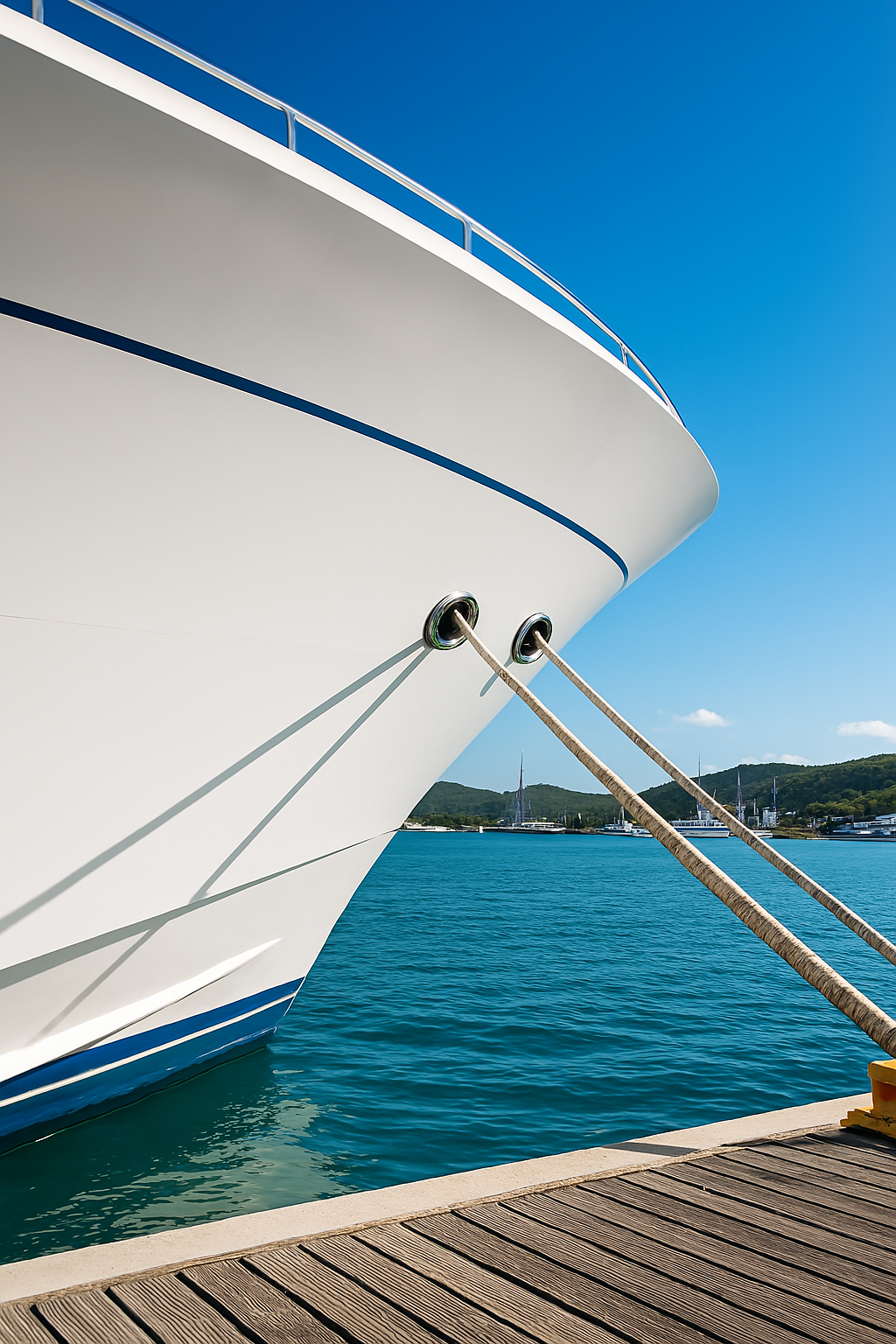 Clean white boat hull floating at a marina dock, reflecting sunlight on calm water—showcasing a freshly restored surface without visible oxidation or stains.