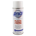 210 Plastic Cleaner & Polish in a 14 oz spray can, designed to clean and polish plastic surfaces such as boats, yachts, cars, and acrylic windows, with anti-fog and anti-static properties.