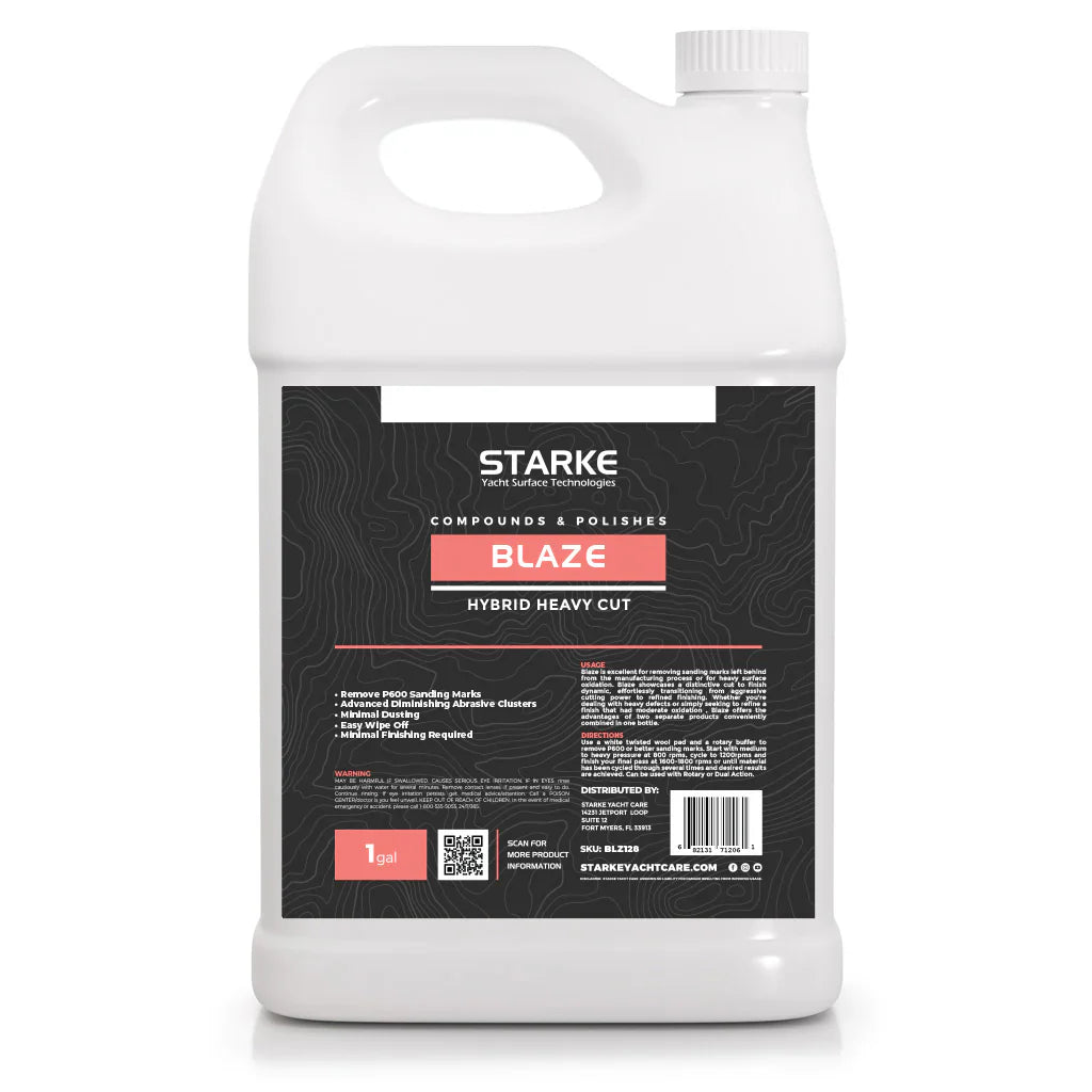 Starke Blaze Hybrid Heavy Cut compound in 1-gallon container, designed for removing heavy sanding marks and oxidation from gel coat and painted surfaces.