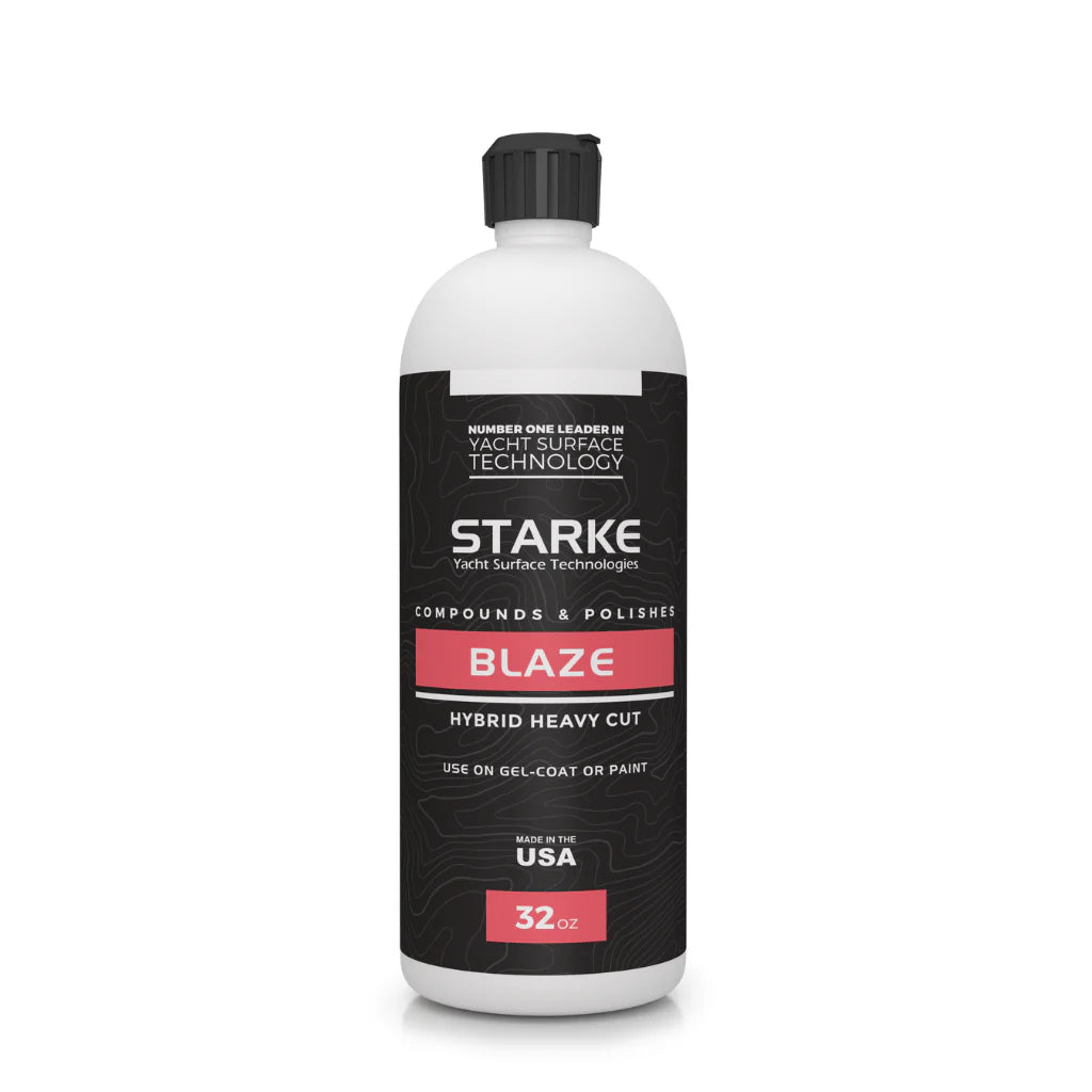 Starke Blaze Hybrid Heavy Cut compound in 32 oz bottle, designed for removing heavy sanding marks and oxidation from gel coat and painted surfaces.