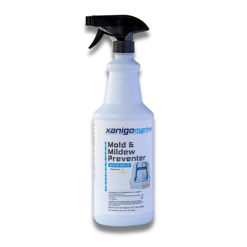 A bottle of Xanigo Marine Mold & Mildew Preventer, featuring a water-based formula and a spray nozzle, with branding visible on the label.