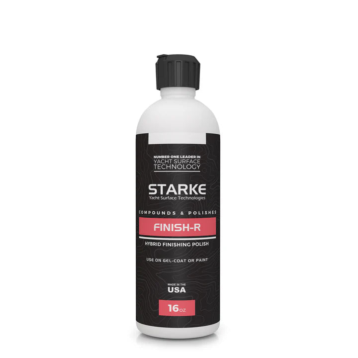 Starke Finish-R Hybrid Finishing Polish in 16oz bottle, designed for use on gel coat or paint, providing a high-gloss finish. Made in the USA.