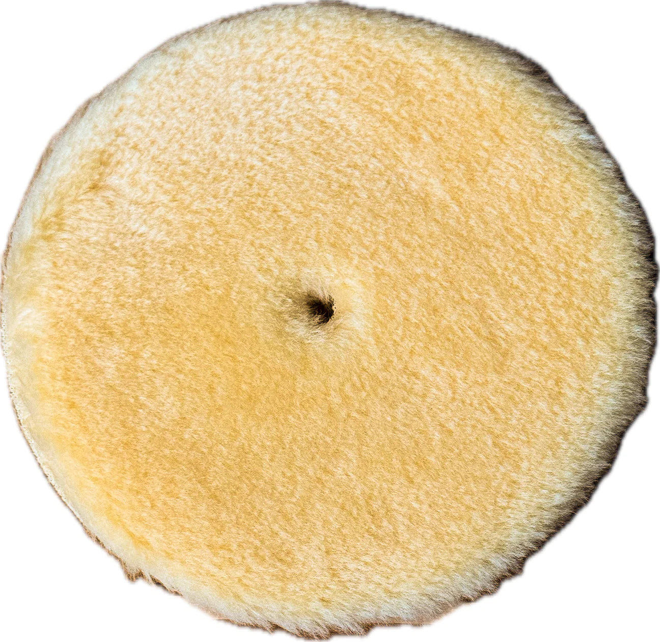 Close-up of a yellow wool polishing pad, designed for use with rotary polishers, ideal for heavy cutting and removing oxidation on gel coat and painted surfaces.