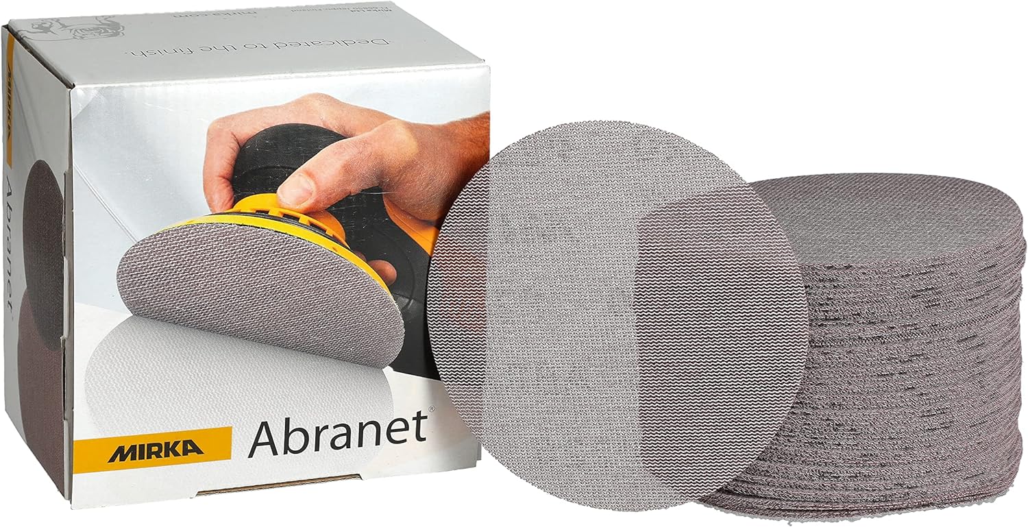 Mirka Abranet sanding discs with a box, showcasing the high-performance sanding material designed for use with orbital sanders, ideal for dust-free sanding.