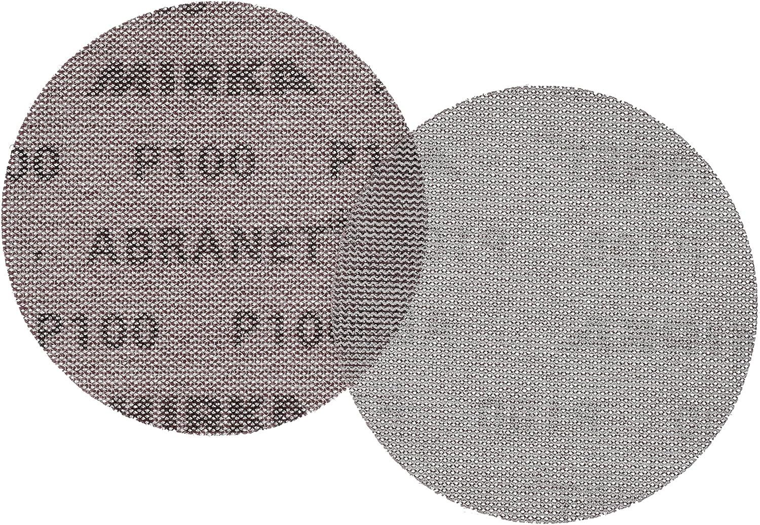 Close-up of 2 Mirka Abranet sanding discs, labeled with 'P100' indicating the grit size, showcasing the mesh structure designed for dust-free sanding.