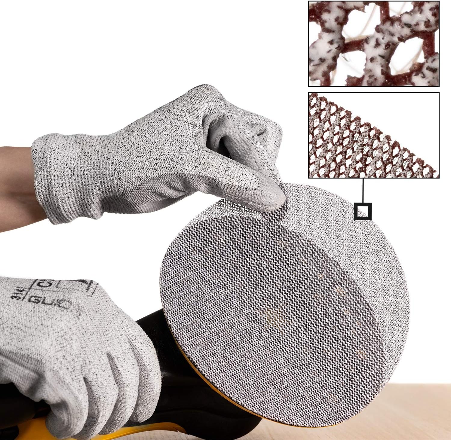 A person wearing protective gloves holds a Mirka Abranet sanding disc, highlighting its mesh structure for dust-free sanding. The image includes a close-up of the sanding disc's intricate pattern.