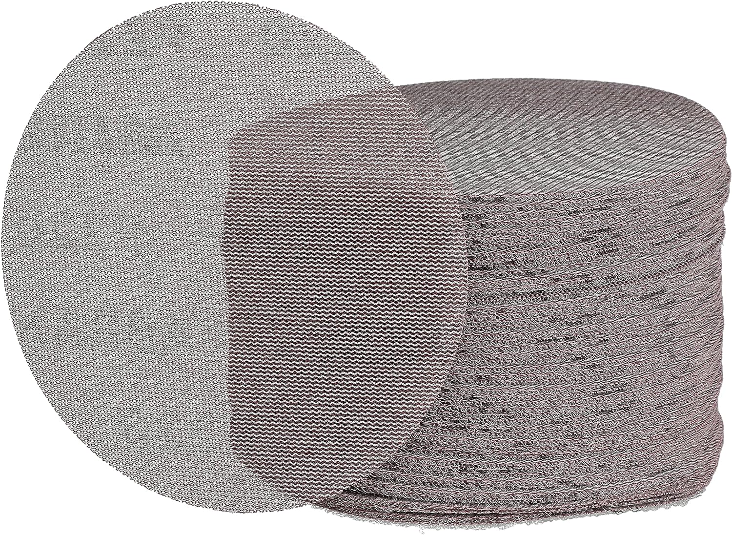 A stack of Mirka Abranet sanding discs, labeled with 'P100' indicating the grit size, showcasing the mesh structure designed for dust-free sanding.