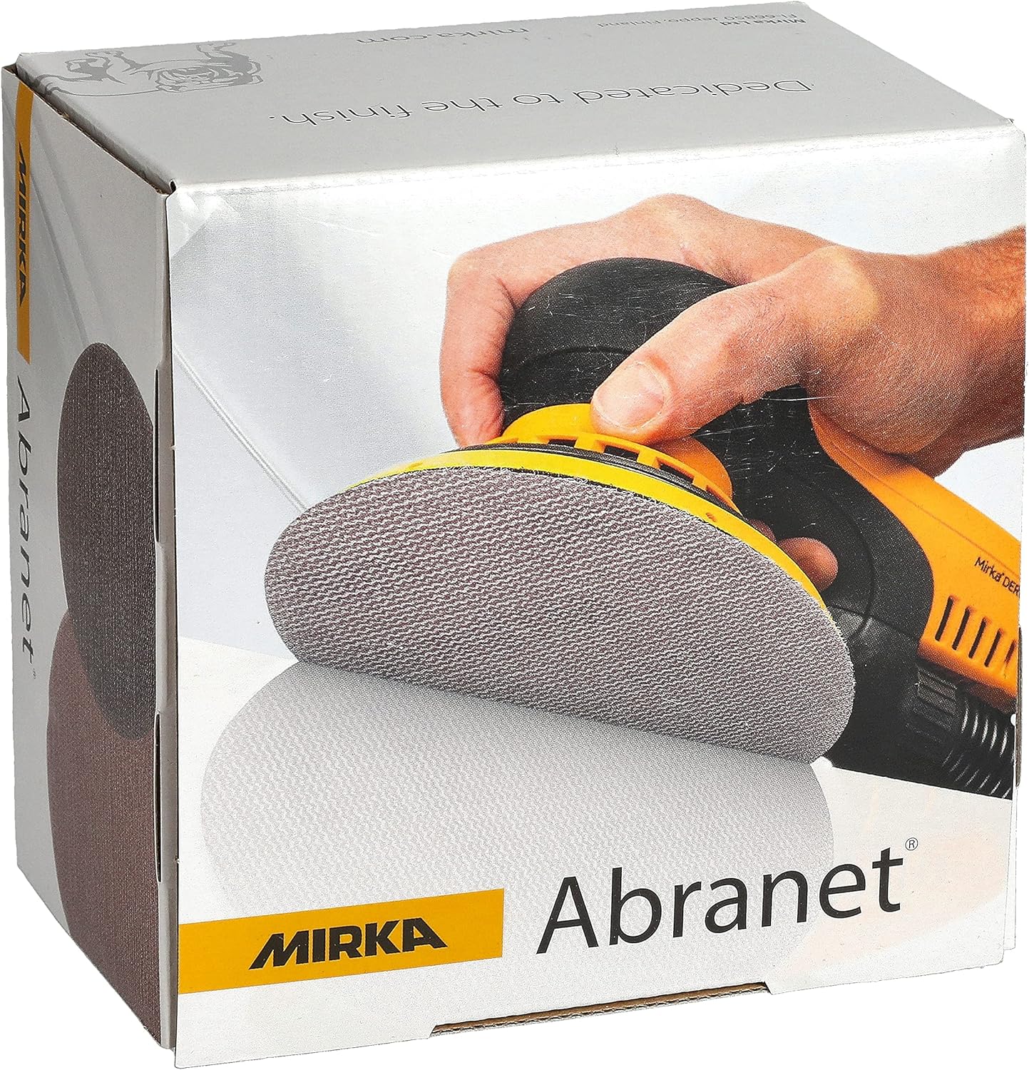 Mirka Abranet sanding discs with a box, showcasing the high-performance sanding material designed for use with orbital sanders, ideal for dust-free sanding.