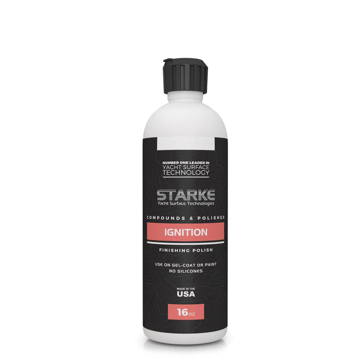 A 16oz bottle of Starke Yacht Surface Technologies Ignition, a light compound and finishing polish combined. This product is designed to remove 1500 sand scratches and is ideal for use on gel-coat or paint surfaces. It efficiently eliminates light oxidation and swirl marks, using advanced diminishing abrasive technology, with no silicones.
