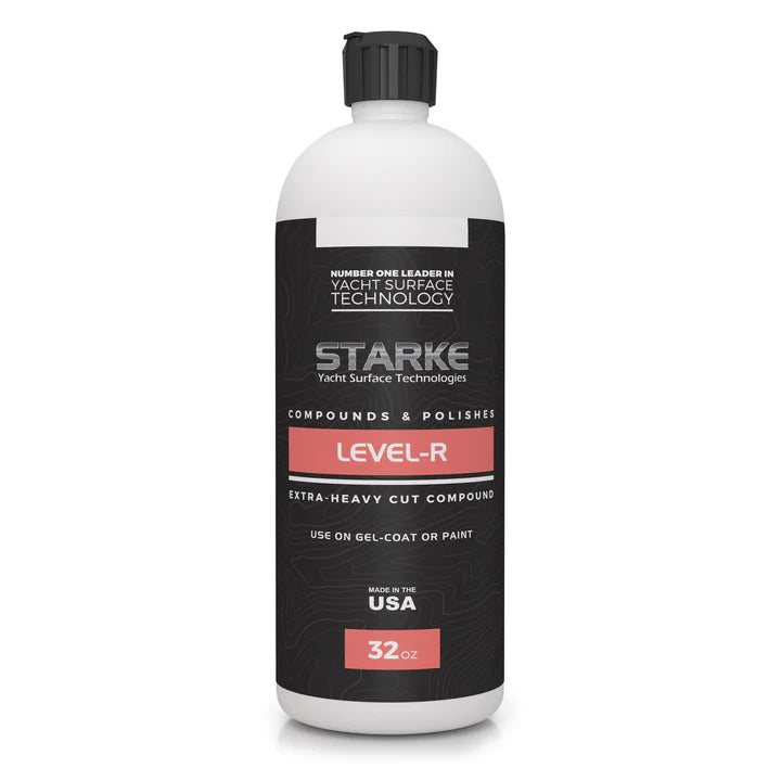 A 32oz bottle of Starke Yacht Surface Technologies' Level-R Extra-Heavy Cut Compound, designed to remove 600-800 sand scratches. The product can be used on gel-coat or paint, easily removing heavy oxidation without silicones, utilizing advanced diminishing abrasive technology.