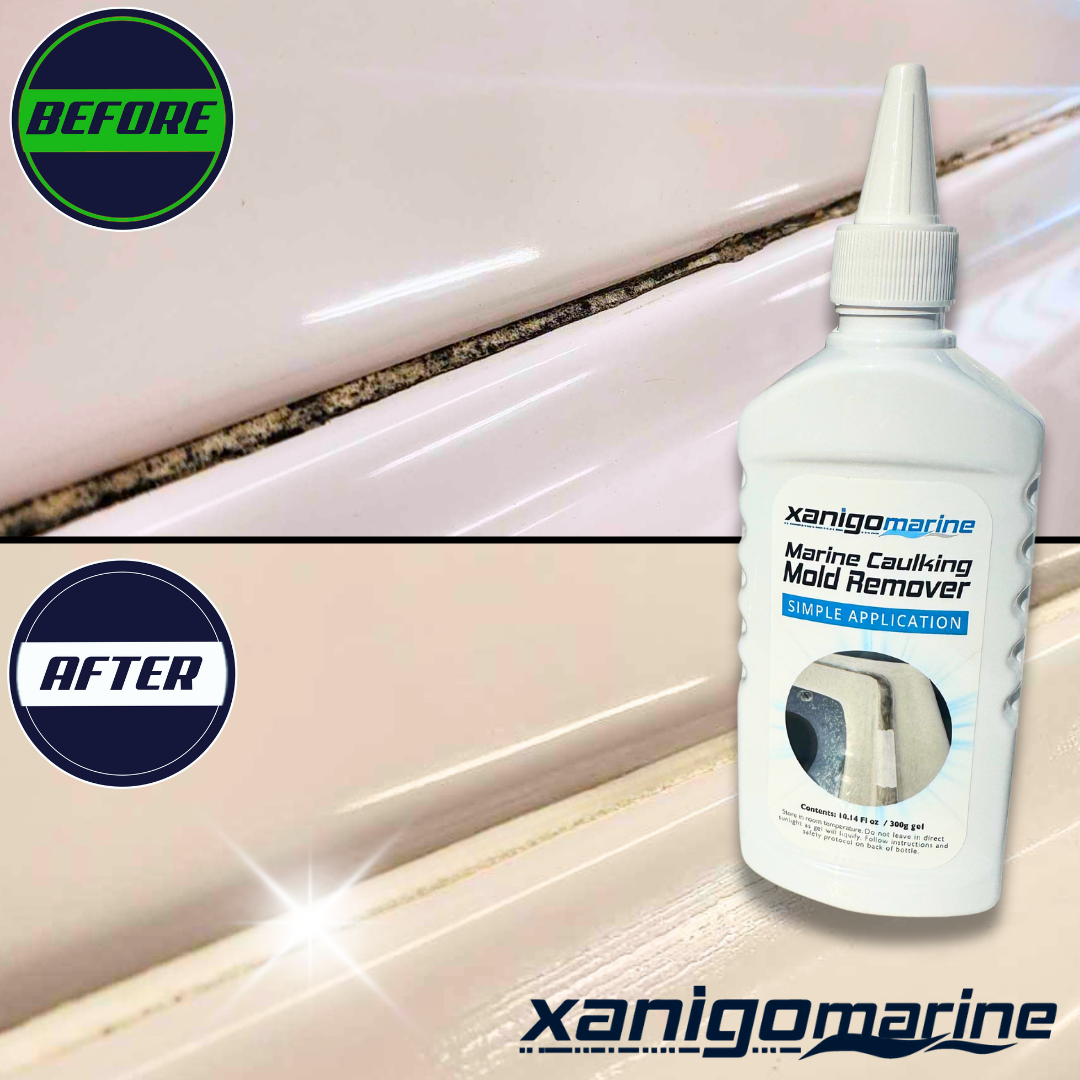 "Before and after image showing the effectiveness of Xanigo Marine Caulking Mold Remover. The 'before' image shows mold build-up in the caulking, while the 'after' image demonstrates the clean, restored caulking surface after application. The bottle of Xanigo Marine Caulking Mold Remover is displayed with a simple application label.