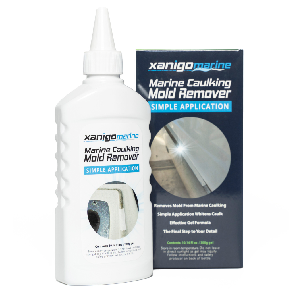 Xanigo Marine Caulking Mold Remover bottle with packaging. The bottle contains 10.4 fl oz (300g) of mold remover designed for marine caulking, with a simple application process. The box packaging highlights its effectiveness in removing mold, whitening caulk, and its gel formula. The product is shown with a close-up image of caulk being cleaned.
