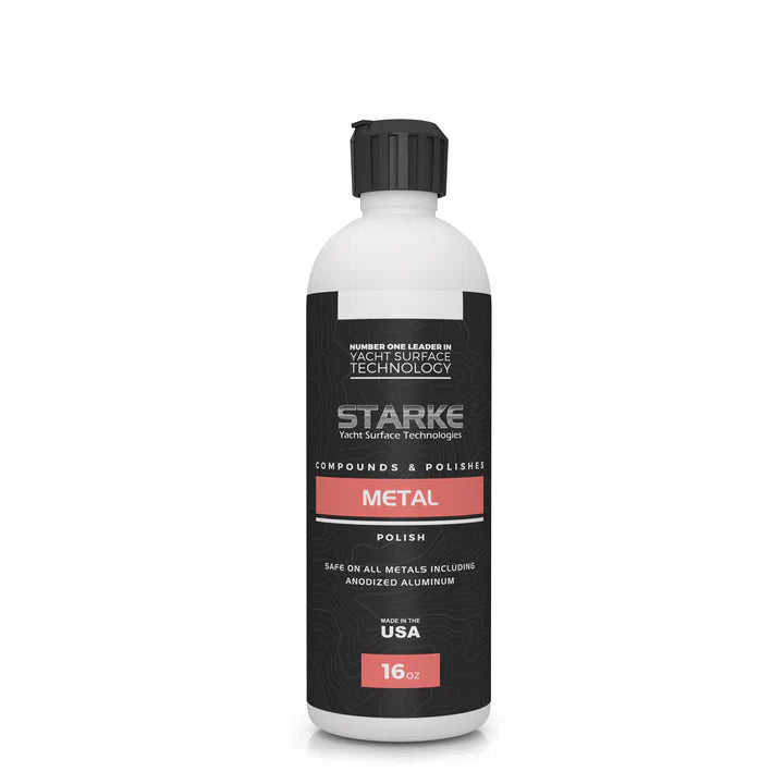 A bottle of Starke Yacht Surface Technologies Metal Polish, designed to produce a dazzling high-gloss shine on all metals, including anodized aluminum. The product is safe for use on various metal surfaces and comes in a 16oz bottle.