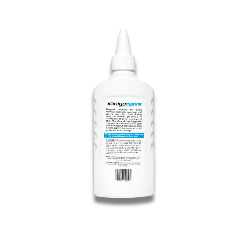 Back view of the Xanigo Marine Caulking Mold Remover bottle showing the product details, including usage instructions and warnings. The bottle has a white label with blue text and is designed for marine caulking mold removal.
