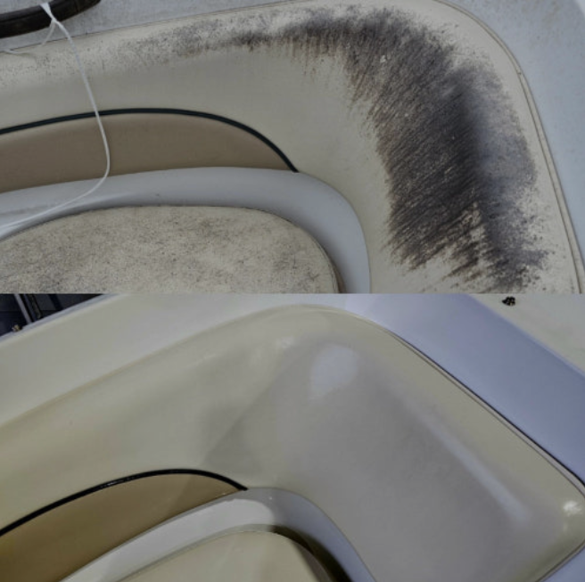 This image shows a side-by-side comparison of a boat surface, before and after cleaning. The upper part shows a heavily soiled, stained area, while the lower part illustrates a clean and restored surface, highlighting the effectiveness of the cleaning process.
