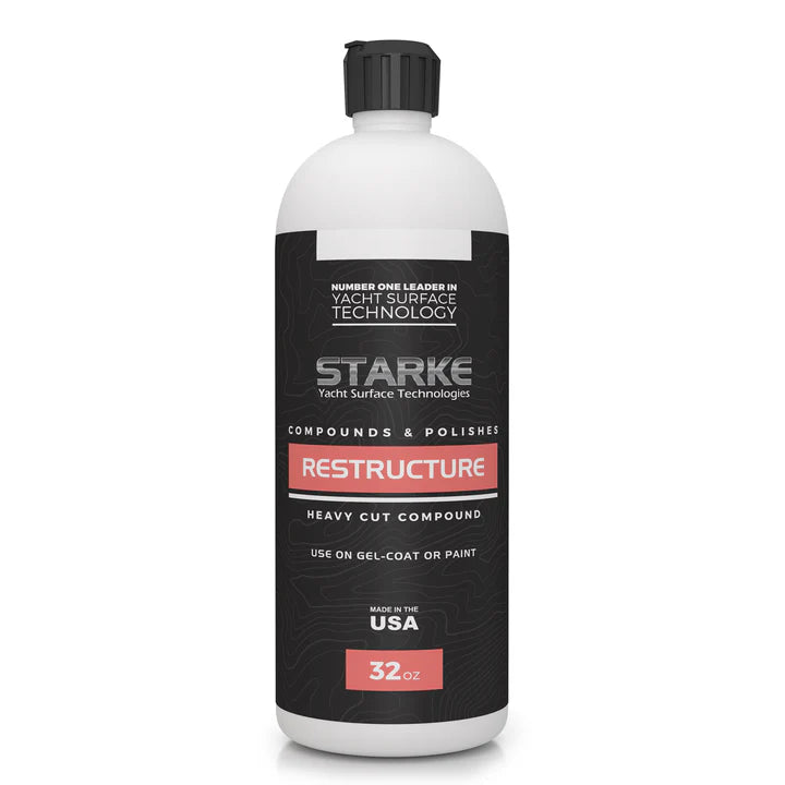 A 32oz bottle of Starke Yacht Surface Technologies Restructure, a heavy cut compound. This product is designed to remove 800-1000 grit sand scratches and can be used on both gel-coat and paint surfaces. It contains diminishing abrasives, allowing the product to transition into a fine polish.