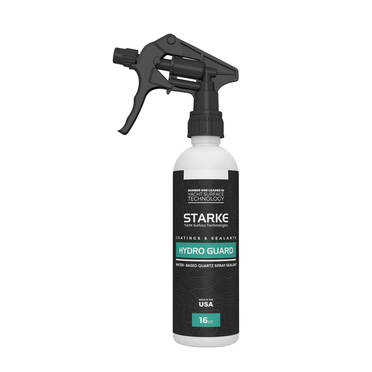 Starke Hydro Guard, a water-based quartz spray sealant for marine surfaces, providing protection and a glossy finish, in a 16oz bottle with a spray nozzle.