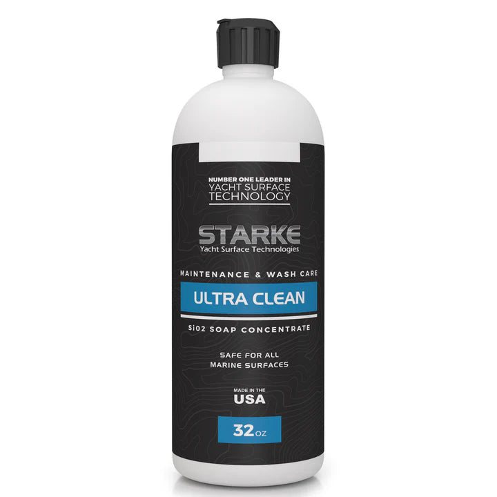 32oz bottle of Starke Yacht Surface Technologies Ultra Clean SI02 Soap Concentrate, designed for cleaning all marine finishes without stripping polymer sealants or coatings, safe for use on gel-coat, paint, metal, glass, and plastic.