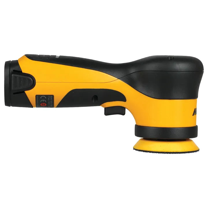 Mirka compact electric random orbital sander in yellow and black. The tool features a small round sanding pad and is designed for precise, efficient sanding on various surfaces.