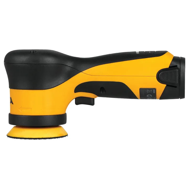 Mirka compact electric random orbital sander in yellow and black. The tool features a small round sanding pad and is designed for precise, efficient sanding on various surfaces.