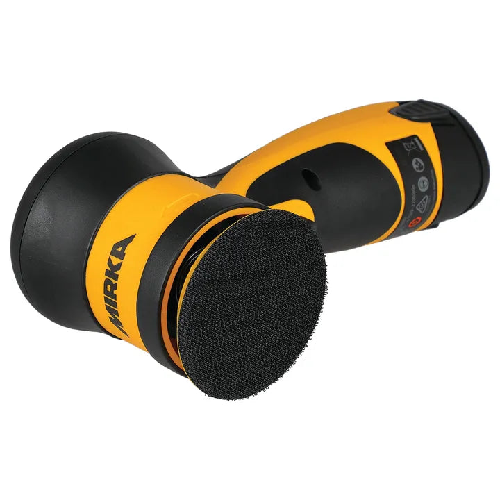 Mirka compact electric random orbital sander in yellow and black. The tool features a small round sanding pad and is designed for precise, efficient sanding on various surfaces.