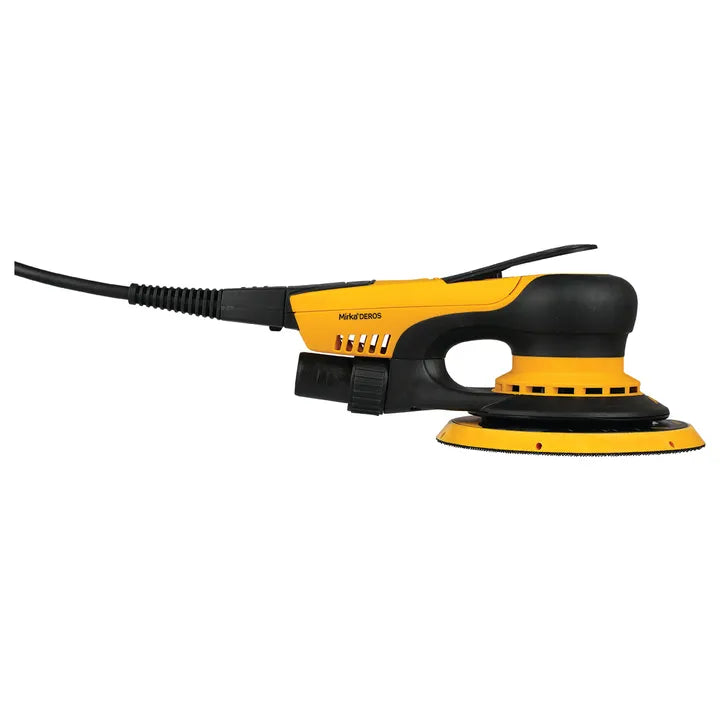 Mirka  DEROS 625CV direct electric random orbital sander with ergonomic handle and a round pad designed for polishing or sanding surfaces. The tool features a yellow and black color scheme and adjustable settings for precise work.