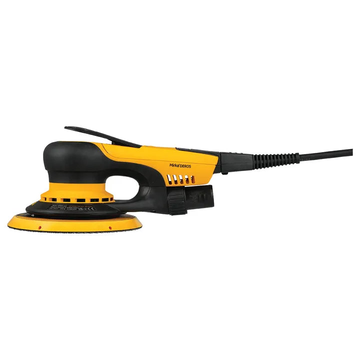 Mirka  DEROS 625CV direct electric random orbital sander with ergonomic handle and a round pad designed for polishing or sanding surfaces. The tool features a yellow and black color scheme and adjustable settings for precise work.