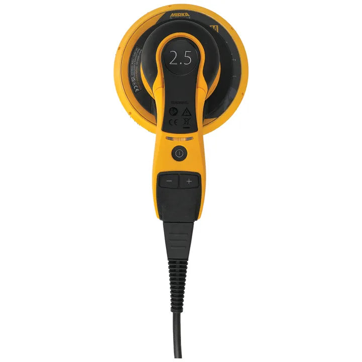 Mirka DEROS 625CV direct electric random orbital  sander with ergonomic handle and a round pad designed for polishing or sanding surfaces. The tool features a yellow and black color scheme and adjustable settings for precise work.