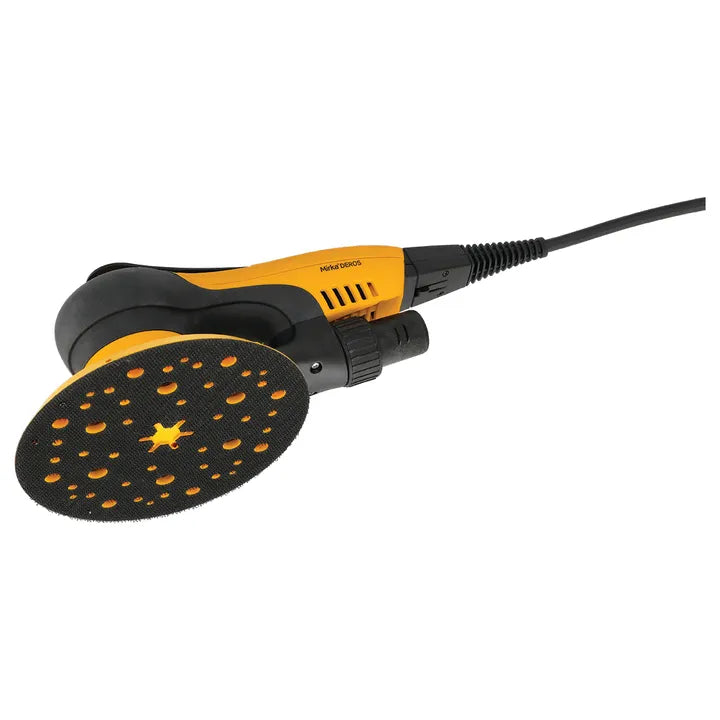 Mirka DEROS 625CV direct electric random orbital  sander with ergonomic handle and a round pad designed for polishing or sanding surfaces. The tool features a yellow and black color scheme and adjustable settings for precise work.