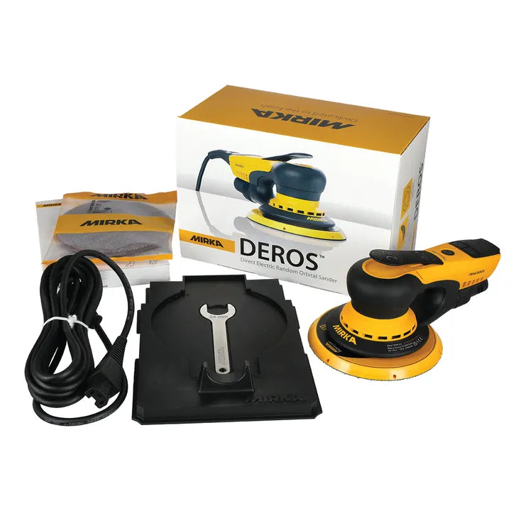 Mirka DEROS electric random orbital sander kit, including the sander, power cord, wrench, sanding discs, and a storage case. The sander is yellow and black with a round sanding pad.