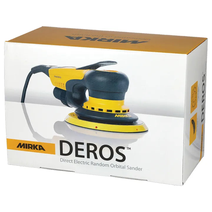 Mirka DEROS electric random orbital sander kit, including the sander, power cord, wrench, sanding discs, and a storage case. The sander is yellow and black with a round sanding pad.