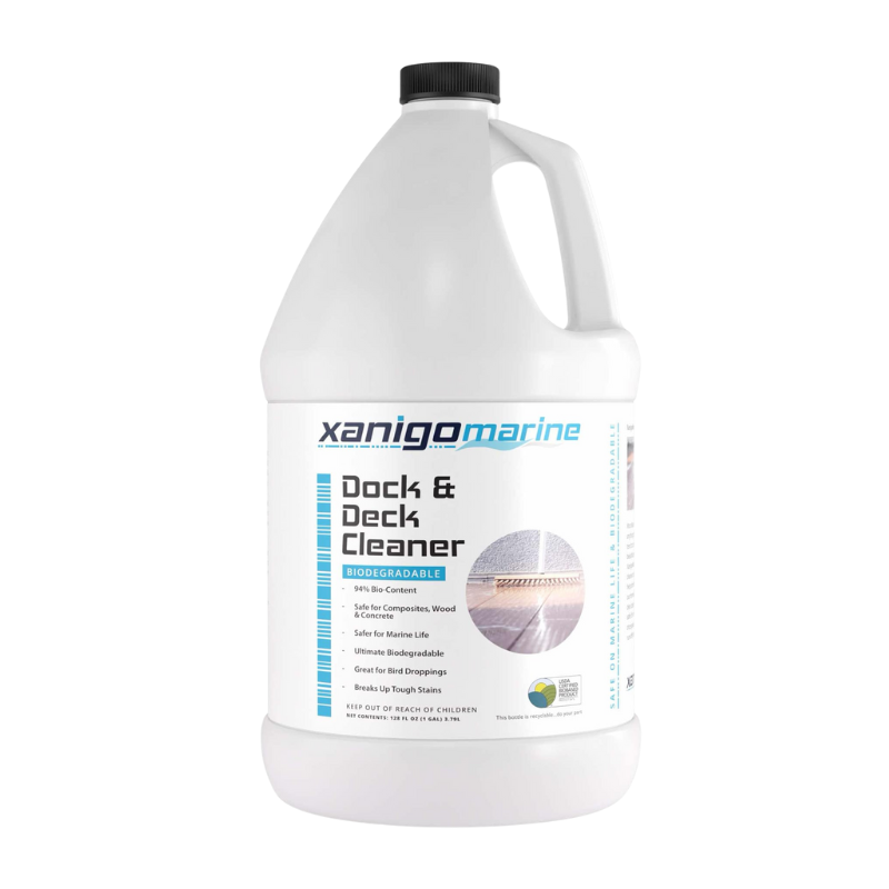 Xanigo Marine Dock & Deck Cleaner, biodegradable and safe for wood, composites, and marine life. Perfect for cleaning tough stains on docks and decks.