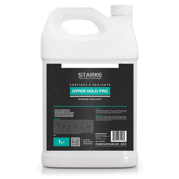 A 1 gallon bottle of Starke Yacht Surface Technologies Hyper Hold Pro SIO2 Polymer Sealant, featuring extreme UV protection. The bottle label is black with silver accents, highlighting the product's use for gel-coat or paint with no silicone