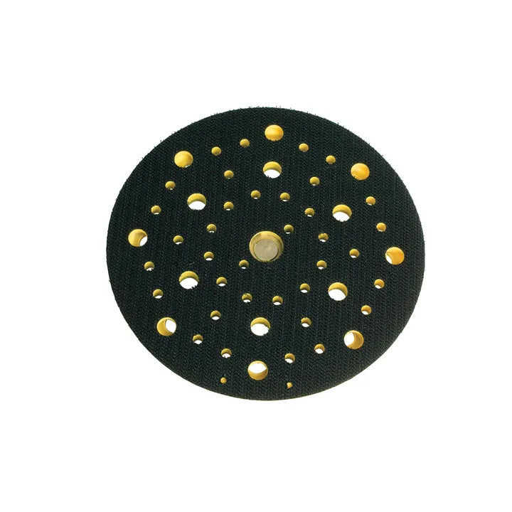 Mirka backing pad with a yellow edge, designed for use with rotary and dual action polishers. It features multiple holes for dust extraction and a sturdy attachment system for polishing pads.