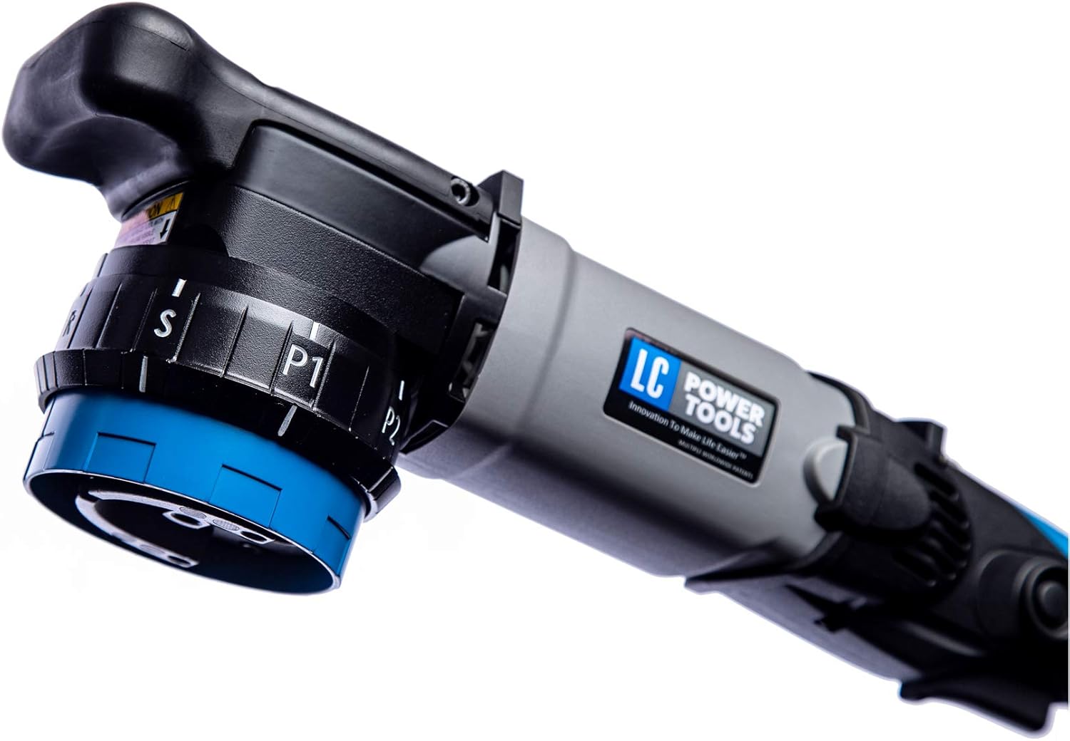 Close-up of the LC Power Tools orbital polisher, showing the adjustable speed dial and soft start feature. Ideal for polishing and compounding marine surfaces with precise control.