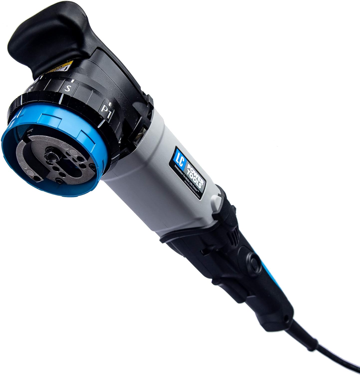 Close-up of the LC Power Tools orbital polisher, showing the adjustable speed dial and soft start feature. Ideal for polishing and compounding marine surfaces with precise control.