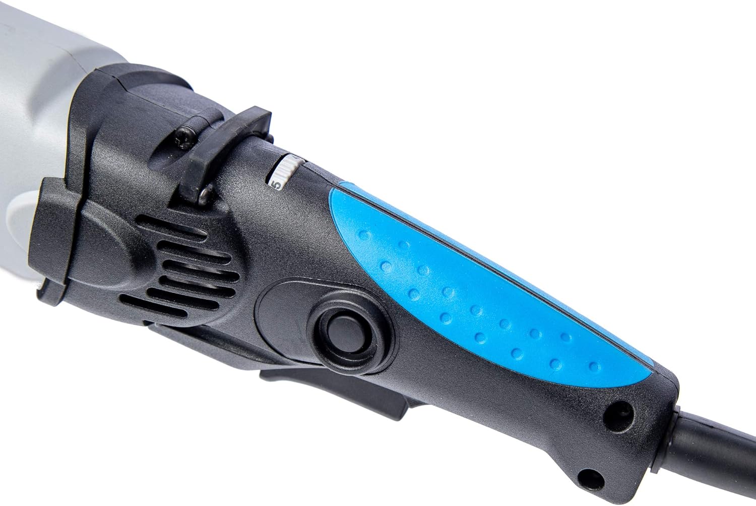 Close-up view of the LC Power Tools orbital polisher showing the ergonomic grip and adjustable speed control dial for enhanced user comfort and control during polishing.