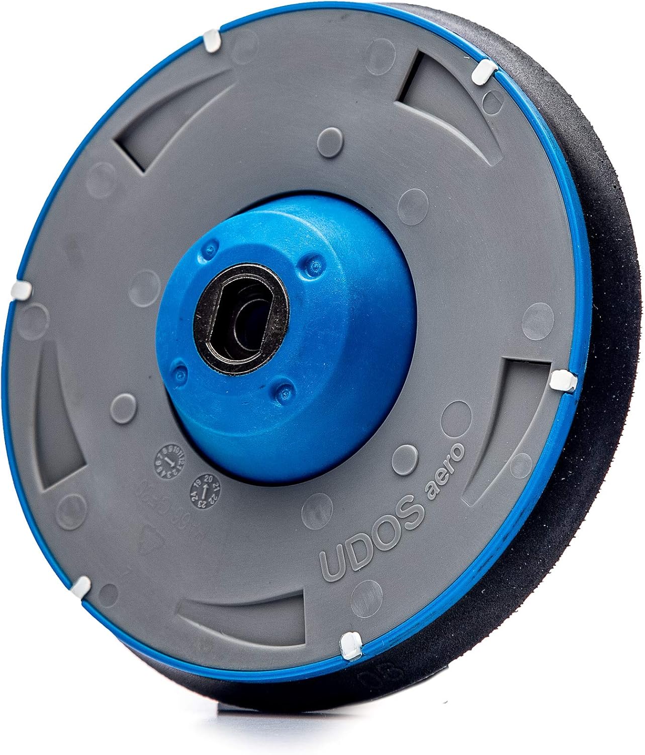 Close-up of the UDOS Aero backing plate, showing its unique design and attachment system, ideal for use with polishing and compounding tools to achieve precision finishes.