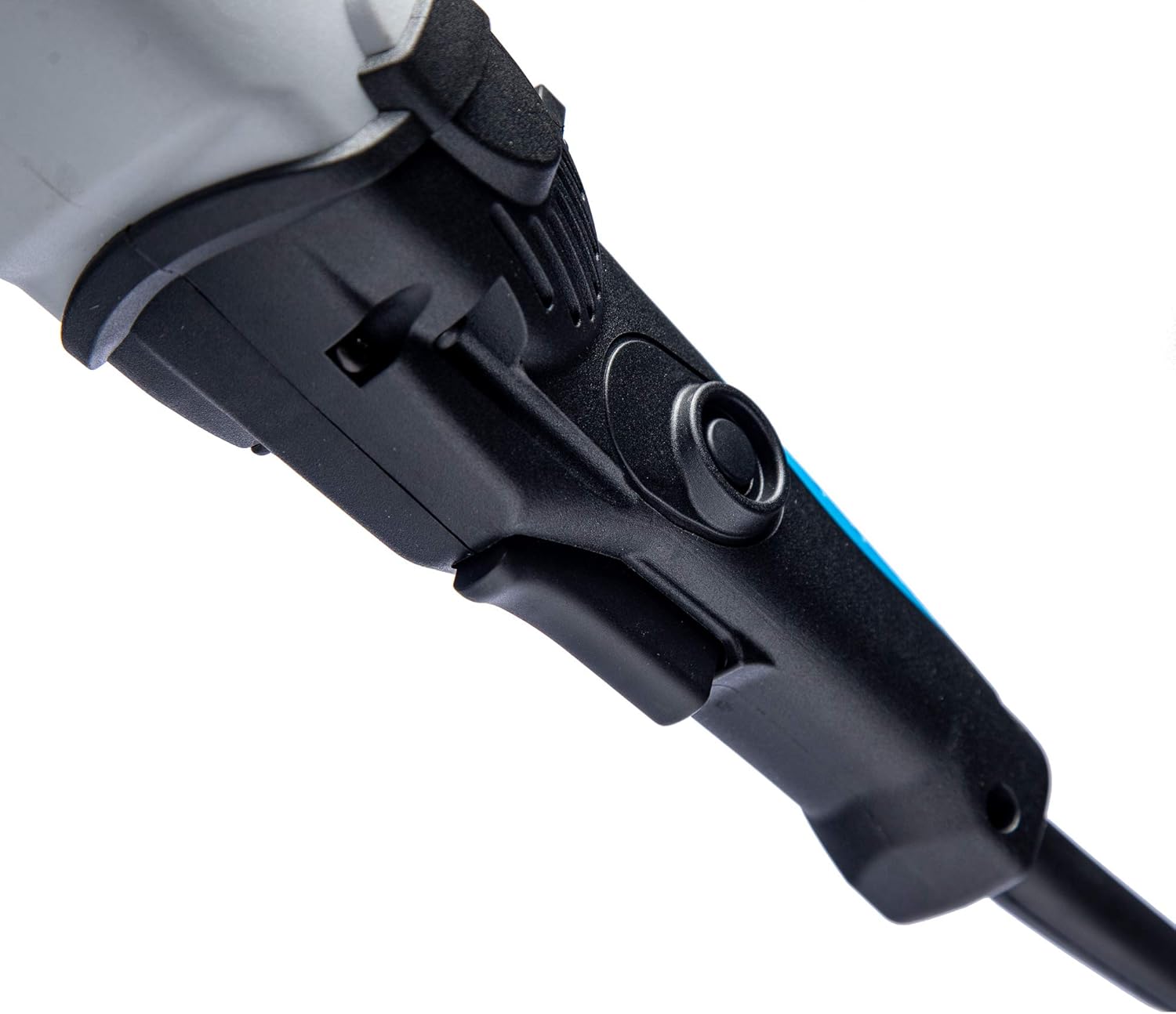 Close-up of the trigger and control button on the LC Power Tools orbital polisher, highlighting the ergonomic design for better grip and ease of use during polishing tasks.