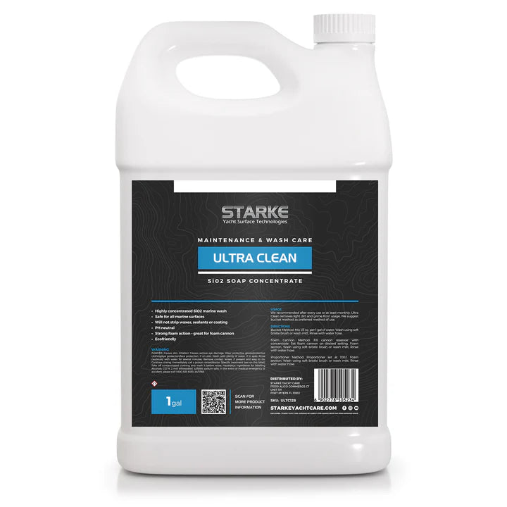 128oz bottle of Starke Yacht Surface Technologies Ultra Clean SI02 Soap Concentrate, designed for cleaning all marine finishes without stripping polymer sealants or coatings, safe for use on gel-coat, paint, metal, glass, and plastic.