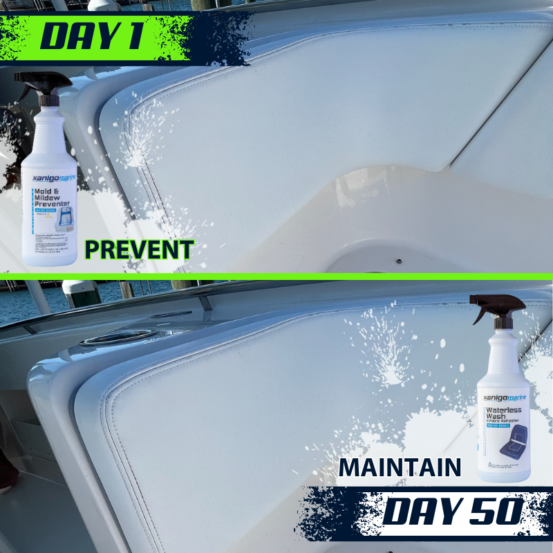 Comparison of a boat seat on Day 1 and Day 50. On Day 1, Xanigo Marine's Mold & Mildew Preventer is applied, showing a clean, untreated seat. On Day 50, the seat is maintained with Xanigo Marine's Waterless Wash, showcasing long-lasting cleanliness.