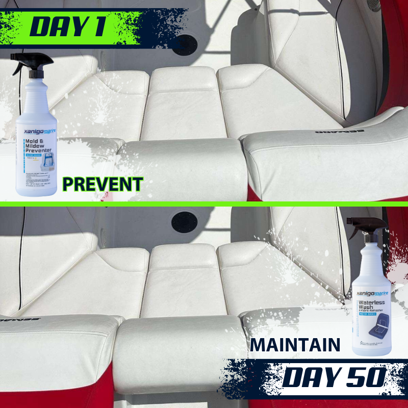 Comparison of a boat seat on Day 1 and Day 50. On Day 1, Xanigo Marine's Mold & Mildew Preventer is applied to keep the seat clean. By Day 50, the seat is maintained with Xanigo Marine's Waterless Wash, preserving its white, clean appearance.