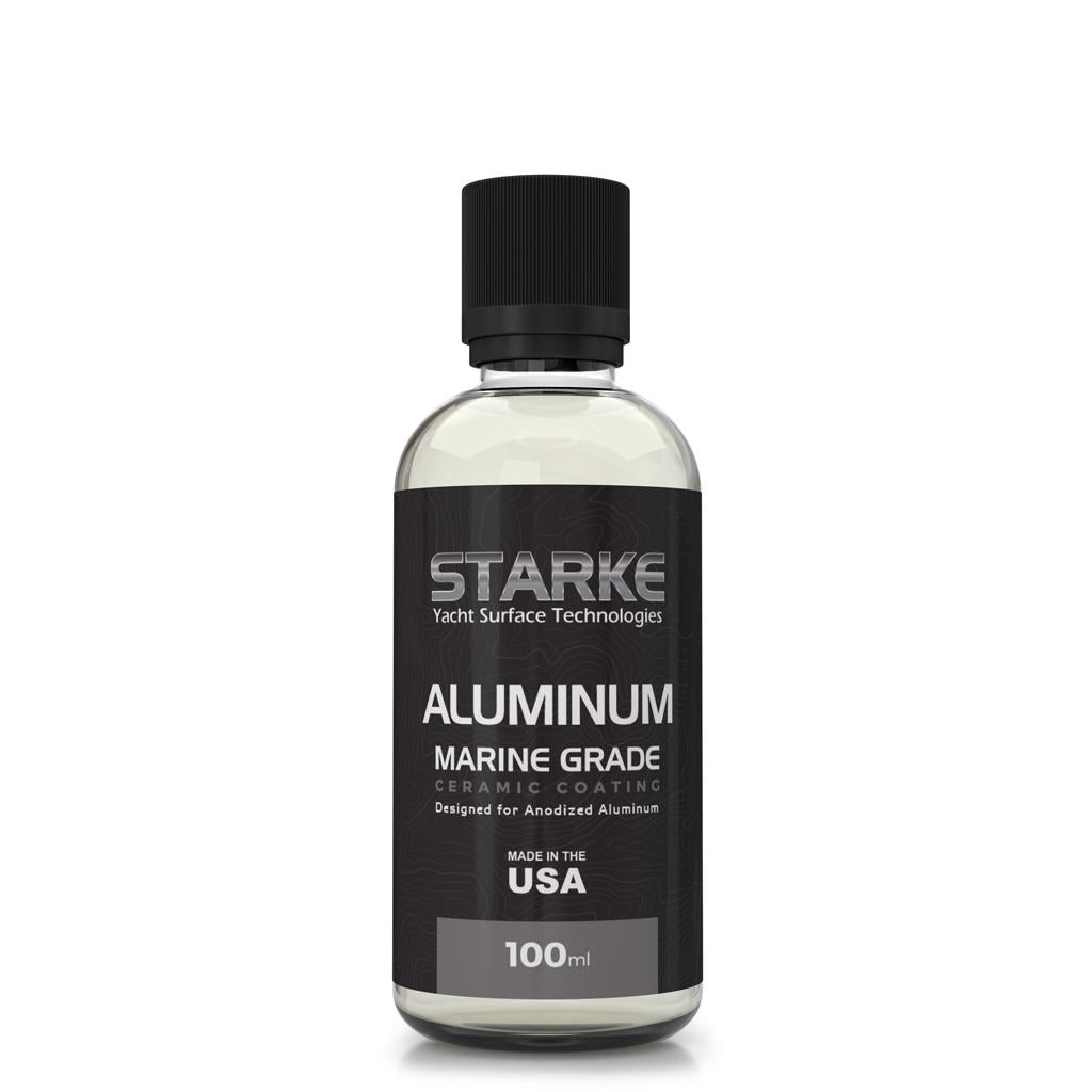 A bottle of Starke Yacht Surface Technologies Aluminum Marine Grade Ceramic Coating, designed specifically for anodized aluminum surfaces. The product comes in a 100ml bottle and is made in the USA.