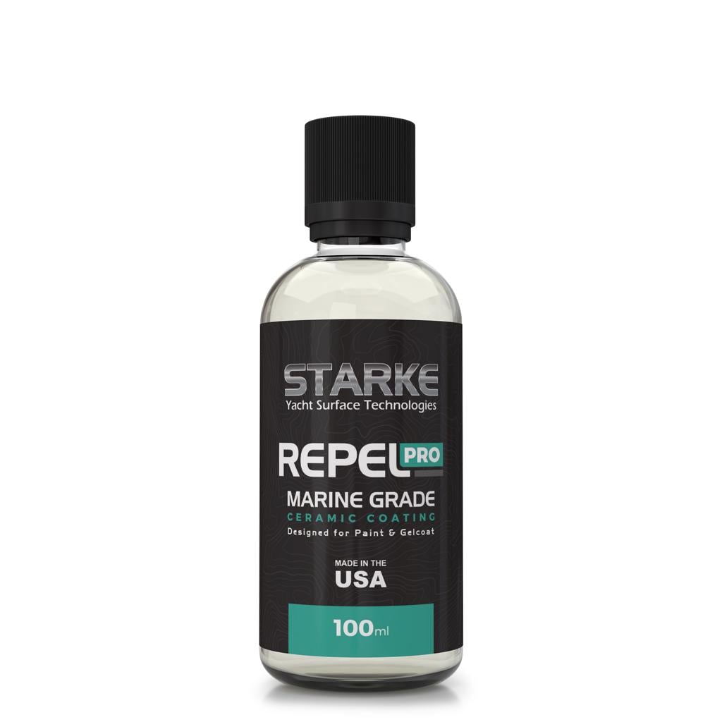 A bottle of Starke Repel Pro Marine Grade Ceramic Coating, designed for paint and gelcoat. This product provides superior protection for marine surfaces. The bottle is 100ml and made in the USA.