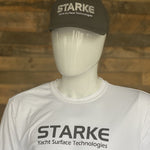 A mannequin wearing a white STARKÉ Yacht Surface Technologies branded t-shirt and a matching gray cap, showcasing the STARKÉ logo prominently on both the shirt and cap.