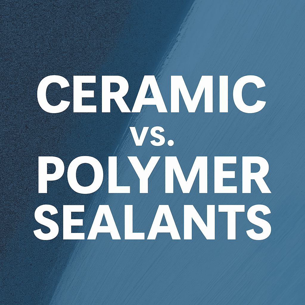 Graphic comparing ceramic and polymer sealants with split visuals of two boat hulls—one protected with ceramic coating and the other with polymer sealant.