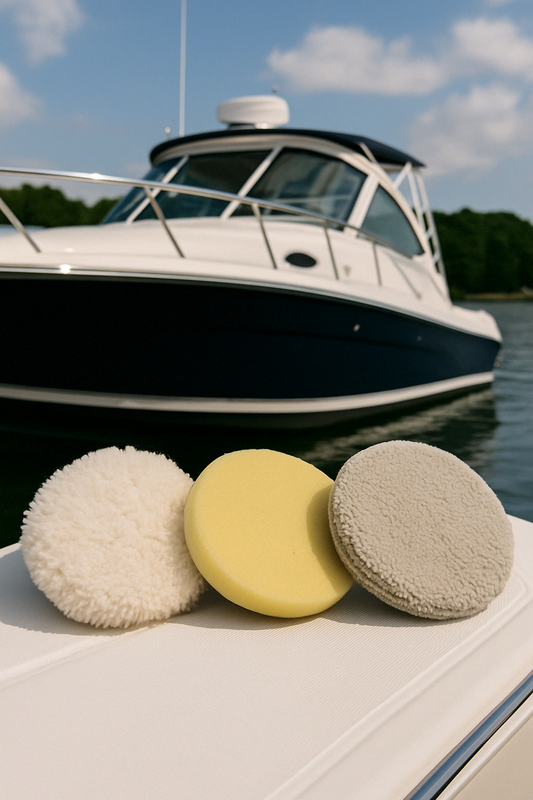 Three different boat polishing pads displayed on a boat deck with a yacht in the background and text reading 'Choosing the Right Polishing Pad for Your Boat'.