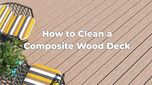 Top-down view of a clean composite wood deck with striped outdoor chairs and greenery, featuring the text ‘How to Clean a Composite Wood Deck.