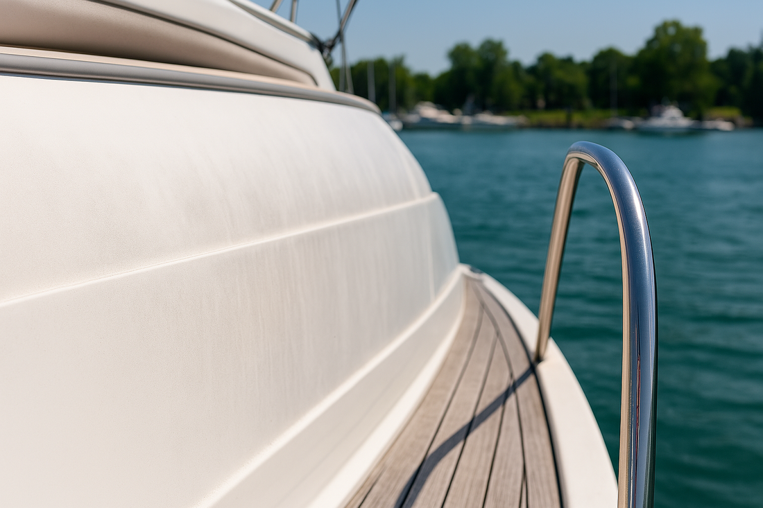 White boat with a glossy, newly restored gel coat docked in calm water, reflecting sunlight and showing a smooth, oxidation-free surface.